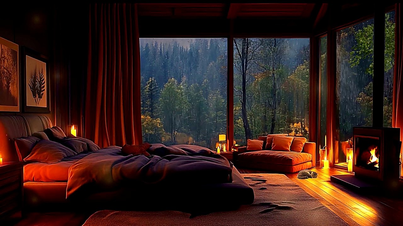 Fireplace & Rain Sounds in Cozy Bedroom 🌧️🔥 | 4 Hours for Deep Sleep