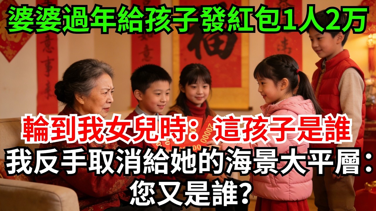 婆婆過年給孩子們發紅包，一人20000，輪到我女兒時卻皺眉：這孩子是誰？我冷笑著取消了給她的海景大平層：您又是誰？#完結故事#情感故事#爽文#婆媳關系#家庭生活#故事頻道#故事分享#情感#正能量#流量