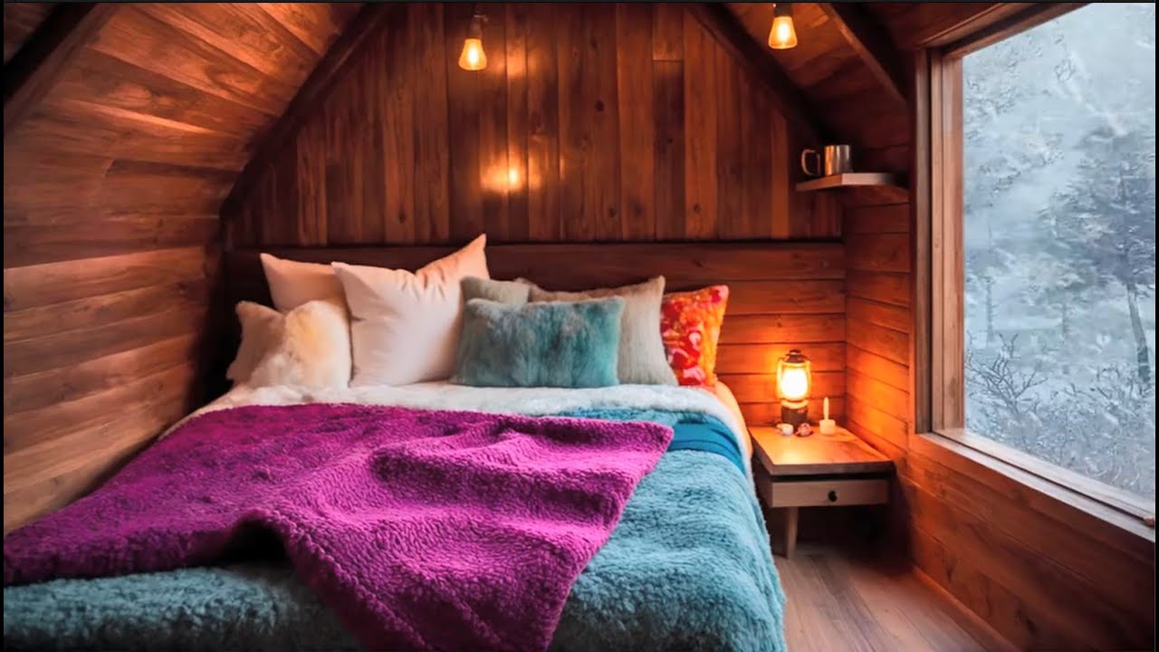 The blizzard is raging, with the sound of howling wind and snow. Come and rest in this warm cabin!