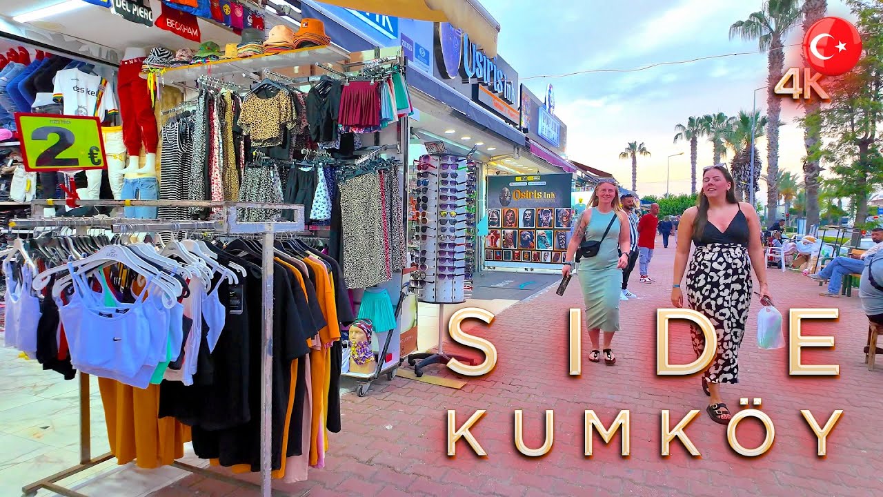 ANTALYA SIDE KUMKOY 📍 Evening Walking Tour 4K Shopping street BAZAAR TURKIYE #turkey