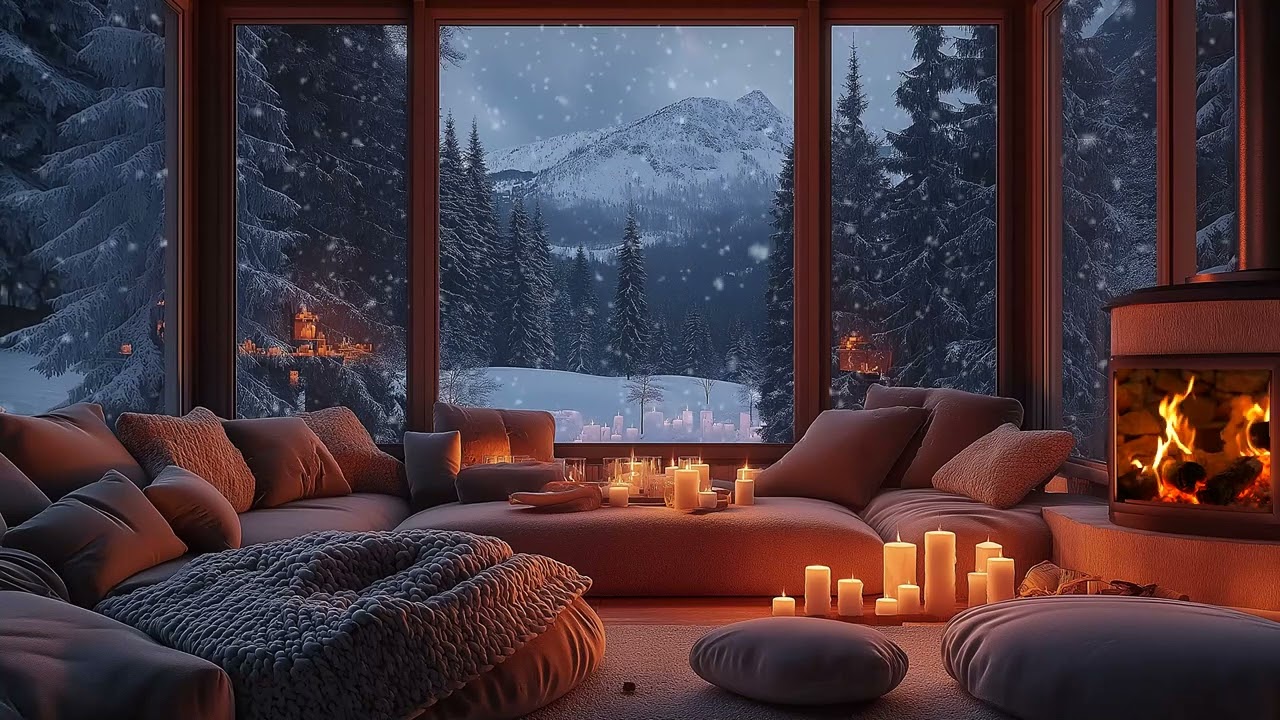 🌨️ Winter Blizzard Sounds | Warm Cabin Fireplace 3 Hours | Calm Comfort Study Work Stress Relief