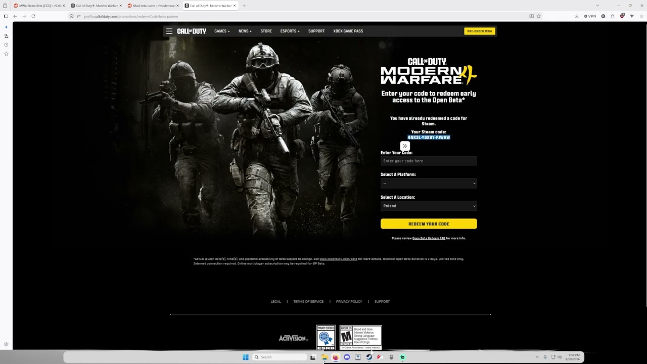 How to redeem your Modern Warfare 4 beta key on steam