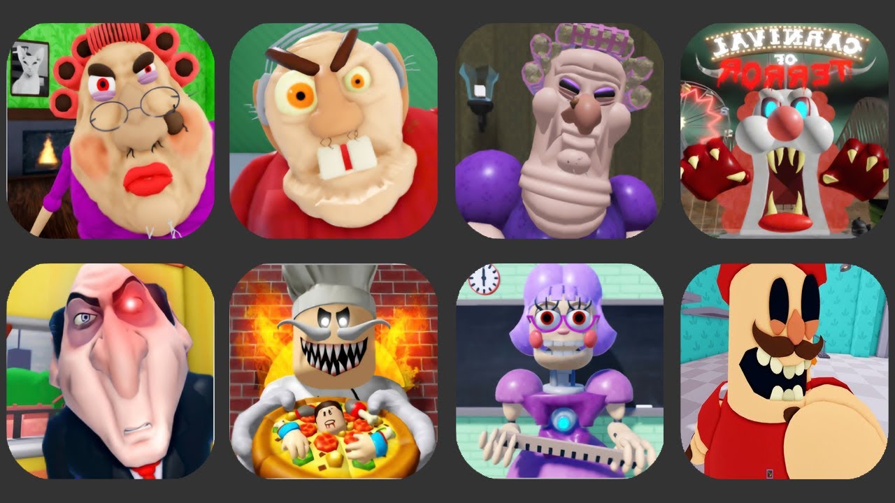 Escape The Carnival of Terror Obby!,ESCAPE EVIL GRANDMA!,GRUMPY GRAN!,Escape Papa Pizza's Pizzeria!,