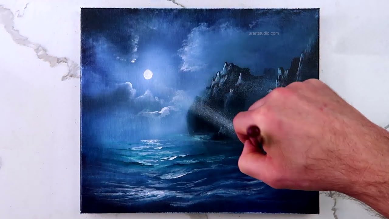 Ocean in Moonlight | Acrylic step by step seascape painting techniques | Easy for Beginners
