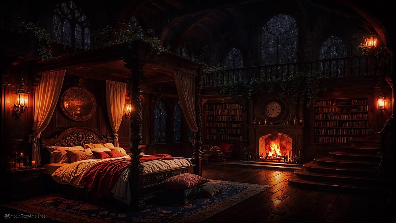 Deep Sleep This Castle Room With Fireplace, Rain & Thunderstrom Sounds