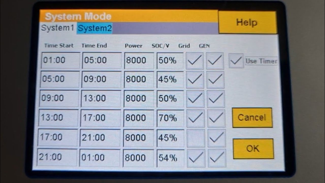 sunsynk inverter System Mode, timers,