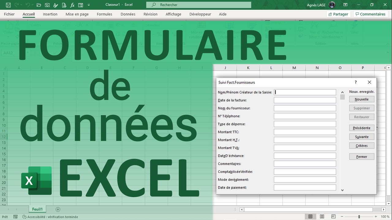 Excel : Créer un formulaire de données ou formulaire de saisie pour ajouter, modifier, rechercher