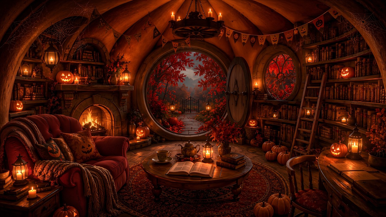 Cozy Pumpkin Library in a Relaxing Halloween Ambience | Dark Academia Autumn Music & Rain, Fireplace