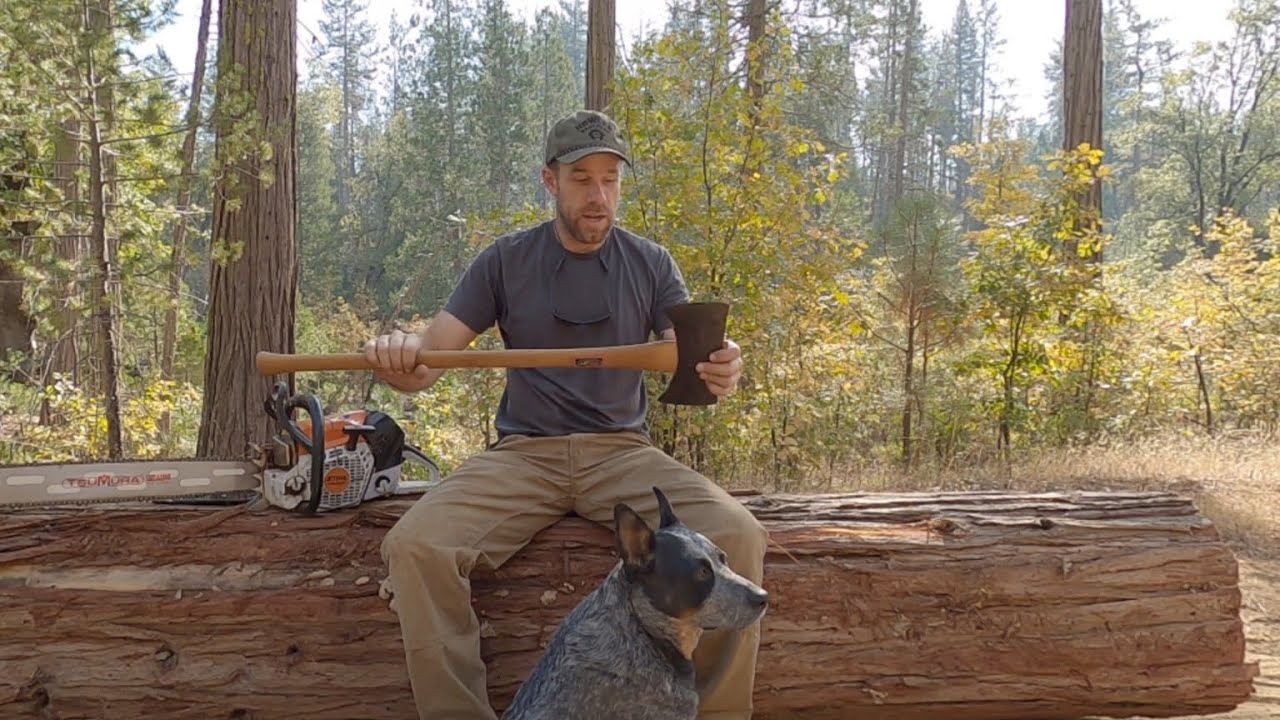 Getting natural resources: Splitting Incense Cedar firewood in the National Forest.