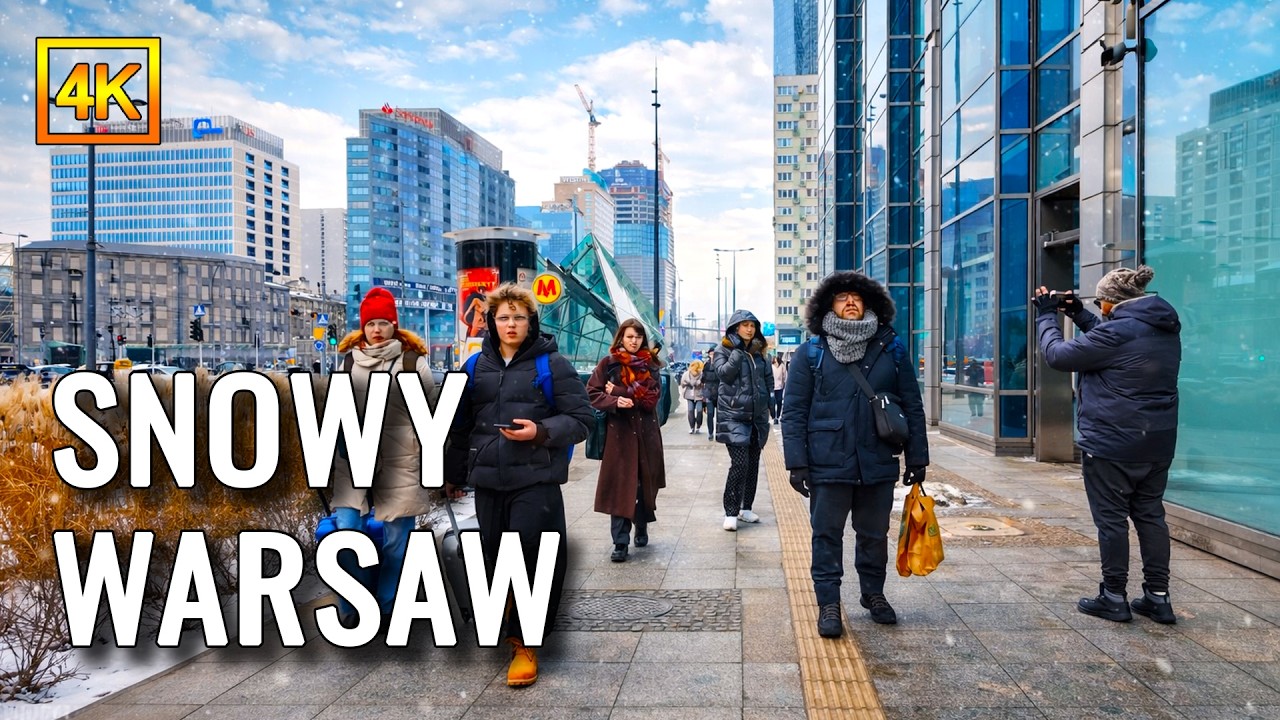 Warsaw Under Falling Snow – A Magical Winter Walk | 4K HDR Walking Tour
