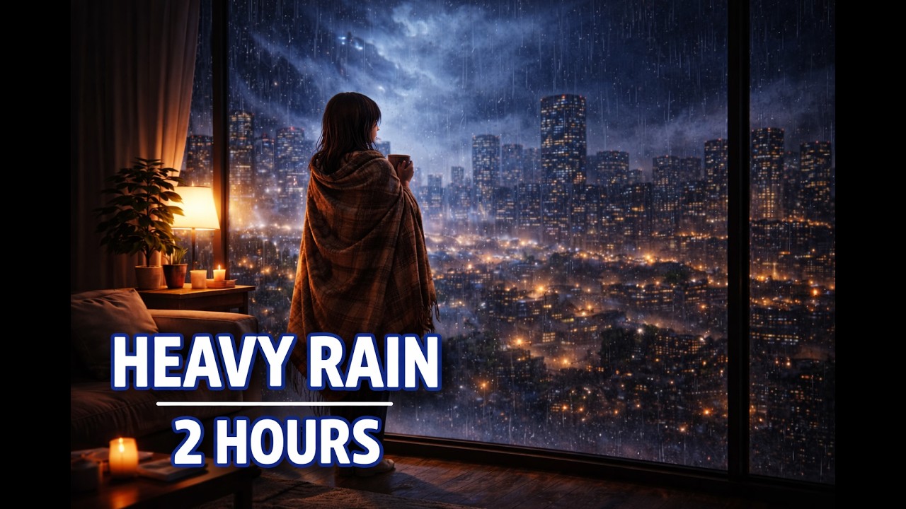 2 Hours Heavy Rain on Window 🌧 Cozy Room & Distant Thunder | Night City Ambience for Sleep
