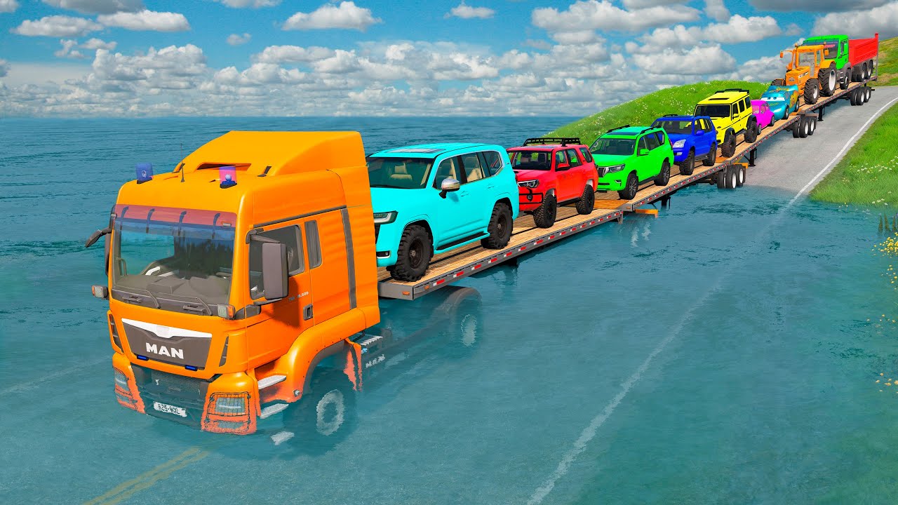 Triple Flatbed Trailer McQueen Transportation with Truck - Speedbumps vs Cars vs Train - BeamNG #220