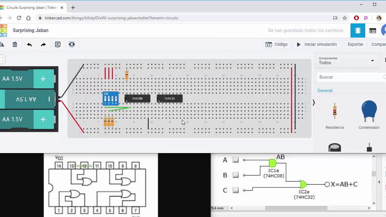Simulación de un circuito lógico en protoboard con Tinkercad