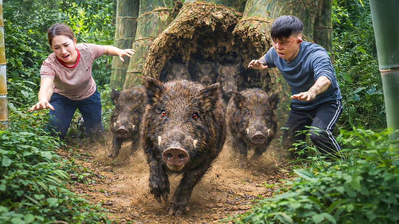 Harvesting Giant Wild Boar from Ancient Tree, Spicy Sauce with Thick Skin | Wild Forest Cooking