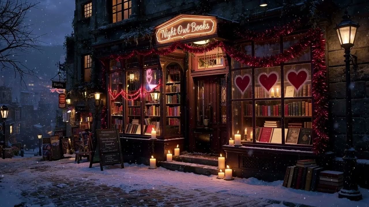 Dark Academia Valentine Bookstore Ambience ❤️🎹Relaxing Piano Music and Snow
