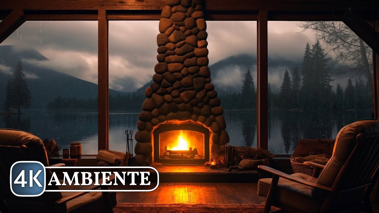 Kaminfeuer in einer gem&uuml;tlichen Herbsth&uuml;tte am See - Regen, Feuer & Donner (7 Stunden)