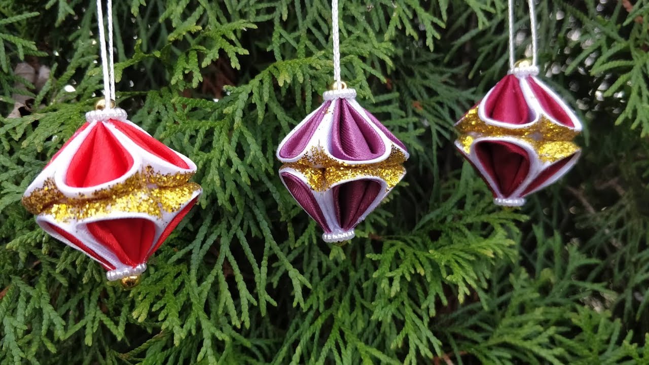 Елочные украшения / Kanzashi Christmas / Украшение из атласной ленты /