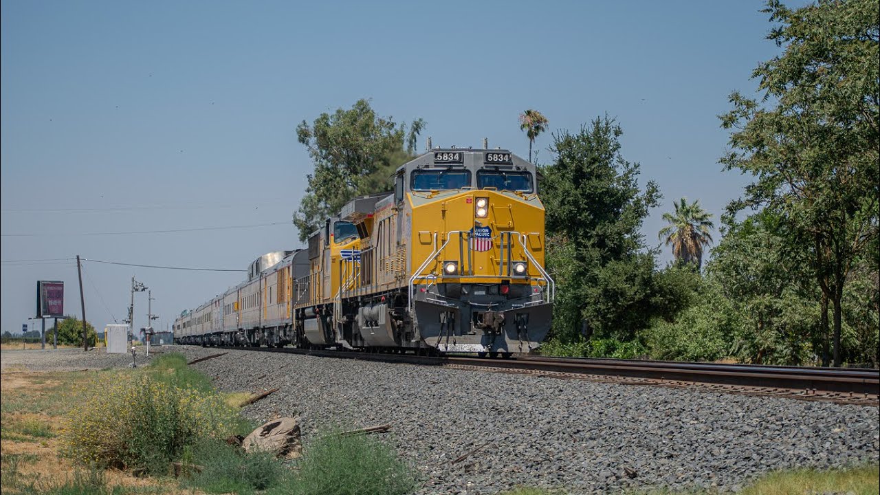 Two UP Trains in Fresno Sub with OCS Special & Mobile Lab Car