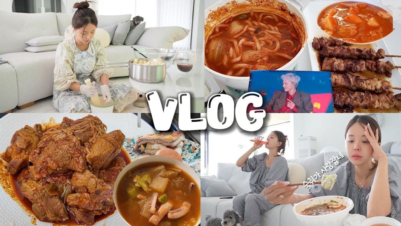 [먹방vlog] 술 못 먹겠다 선언..은 뻥🤢 나홀로 집콕 주말 _ 오징어국 레시피+매운갈비찜+다진마늘공장+투다리정식+숙취 해장냉면+포차떡볶이+GD봤다