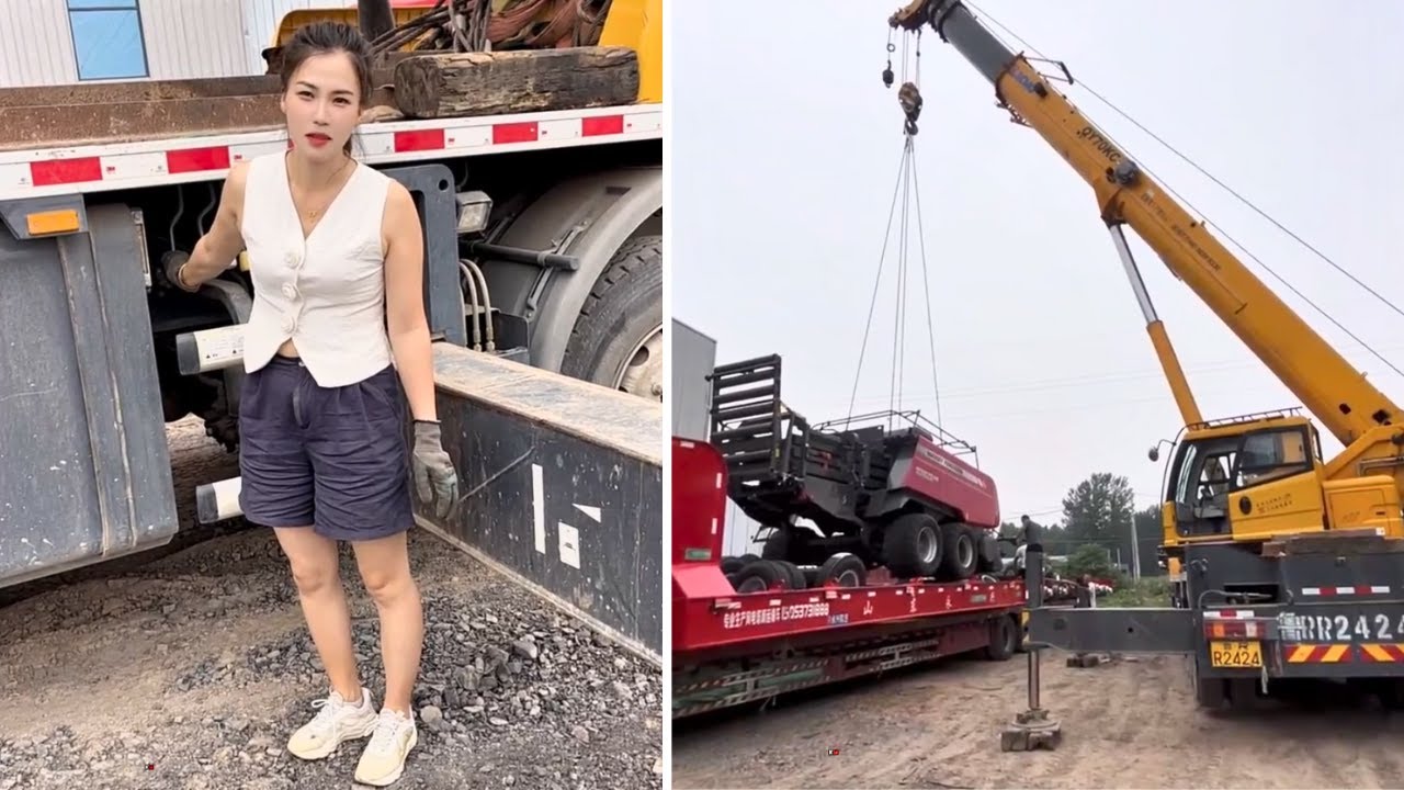 Female Crane Operator Heze in Action: Lifting and Loading Massey Ferguson Baler with Precision