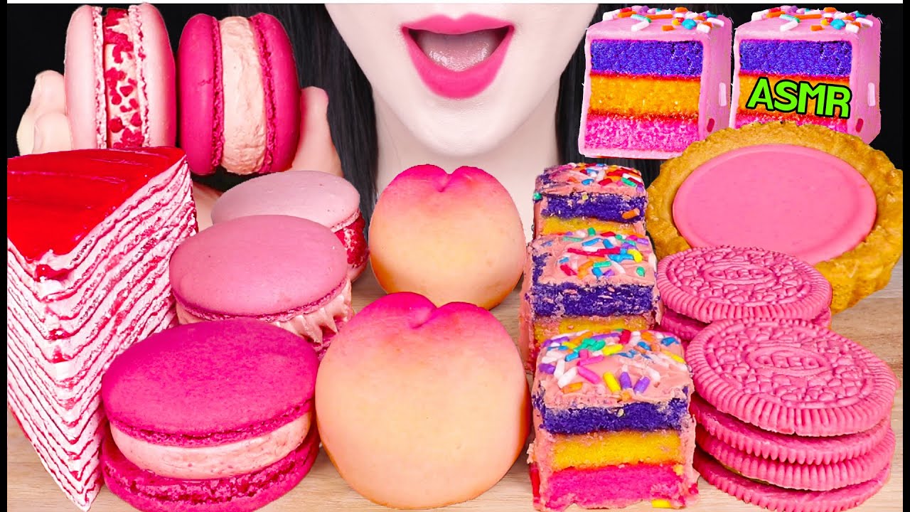 ASMR PINK FOODS *PEACH CAKE, CREPE CAKE, CAKE POP, PINK OREO 복숭아 빵, 핑크 오레오, 케이크 팝 먹방 EATING SOUNDS