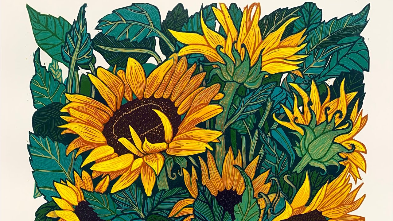 Printing process of Sunflowers linocut print with cutting layers