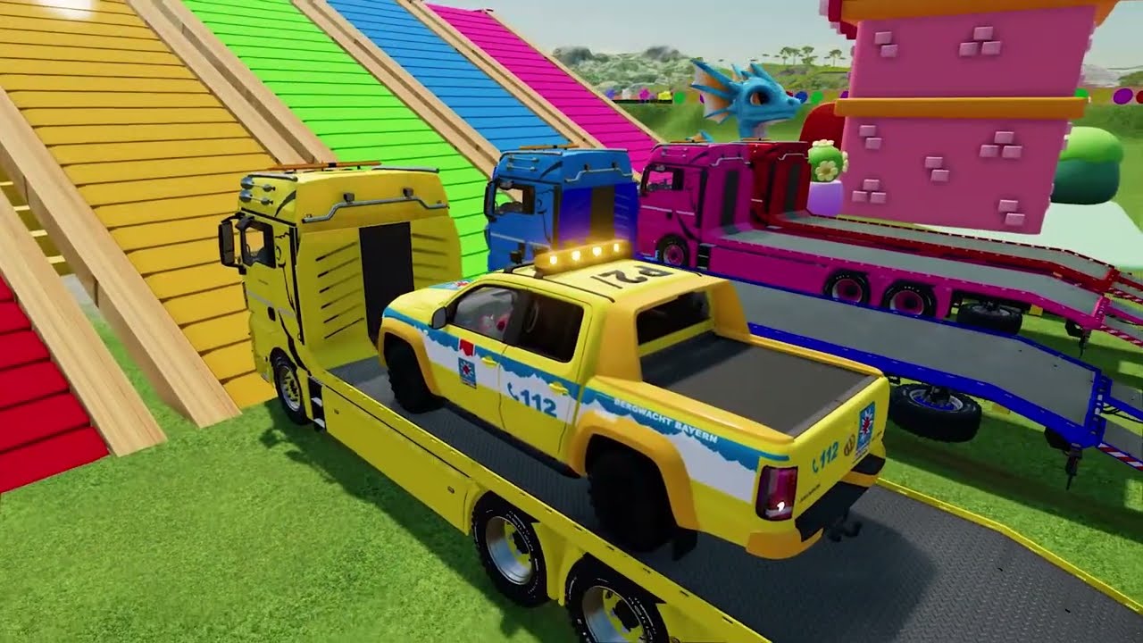 TRANSPORTING PIXAR CARS & FRUITS WITH COLORED & JOHN DEERE vs CLAAS vs TRACTORS - BeamNG.drive #983