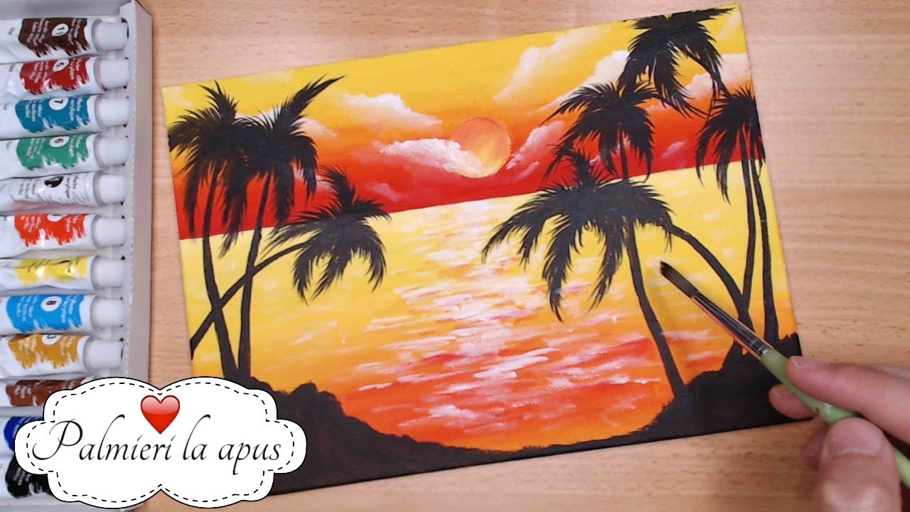 🌴O pictura pe zi | Pictura Acrilica Incepatori | How to paint easy sunset with palm trees