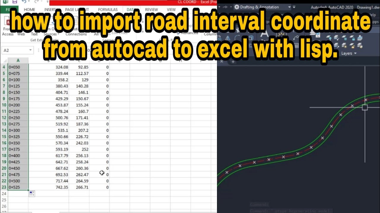 how to import road interval coordinate || from autocad to excel || with Lisp |