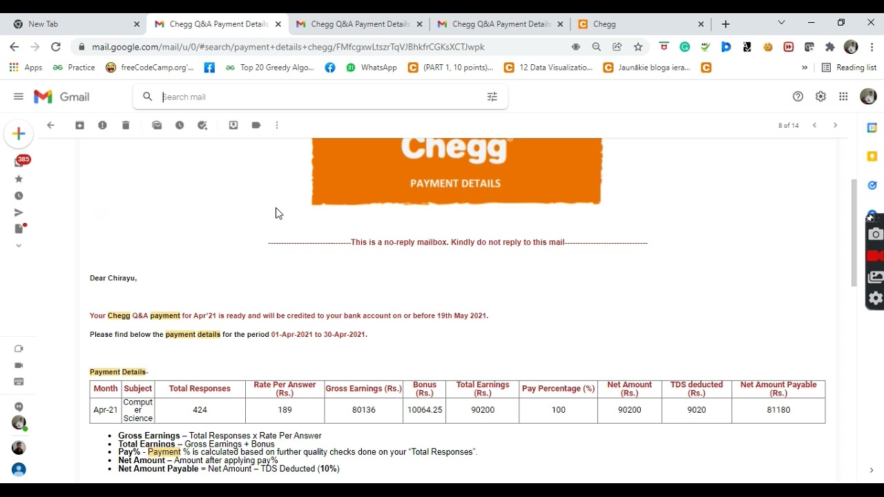 Chegg Earning Payment Proof
