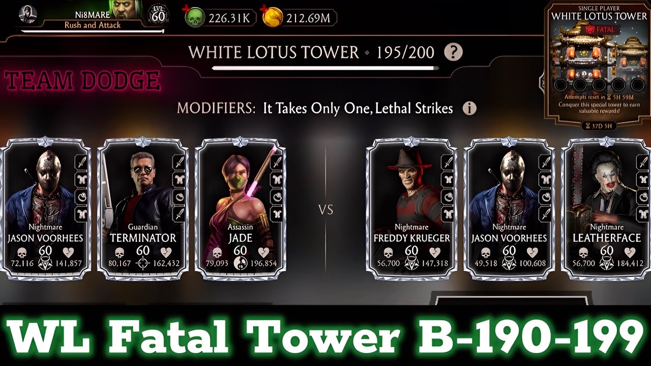 Dodge Team Vs Fatal White Lotus Tower Hard Battle 190-199 Fight + Reward MK Mobile