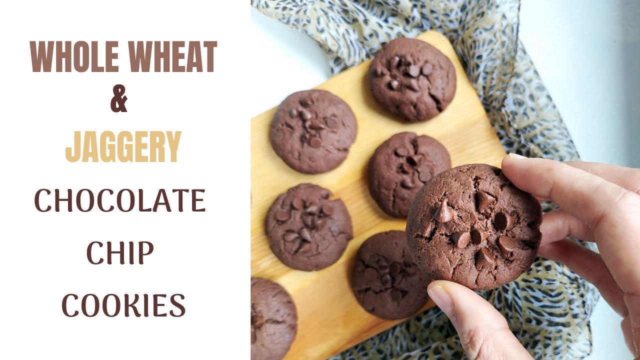 whole wheat and jaggery chocolate chip cookies | healthy chocolate chip cookies | eggless
