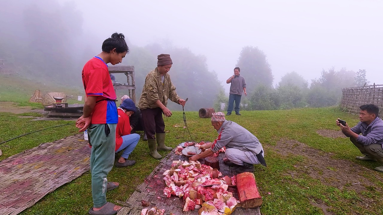 village PORK sharing || local pork || bhumi borrows cows from jungle man for some days ||