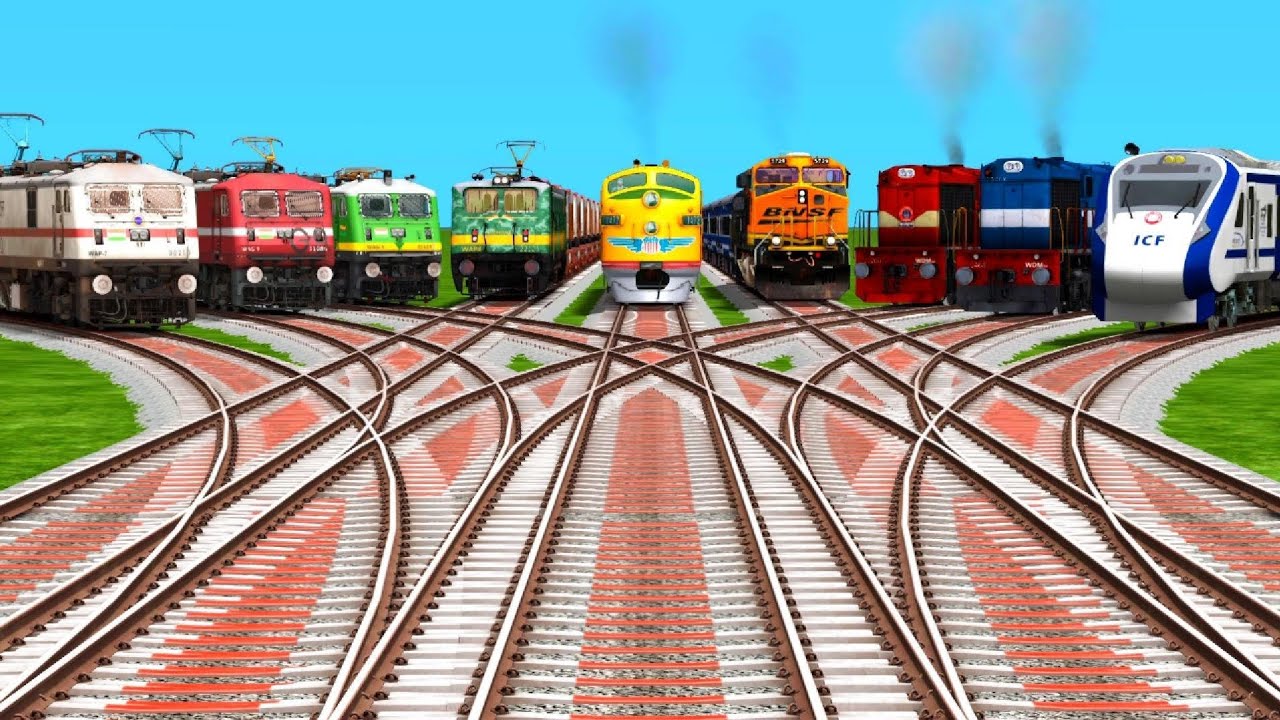 9 Trains at Railroad Crossings By Curved Branched Forked Tracks | train simulator classic gameplay