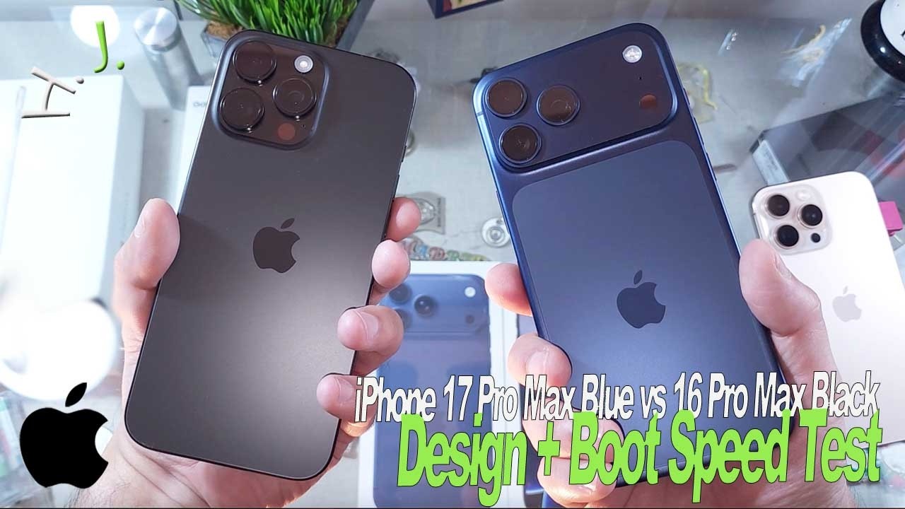 Сравнение дизайна и скорости загрузки iPhone 17 Pro Max синего цвета и 16 Pro Max черного цвета 📱