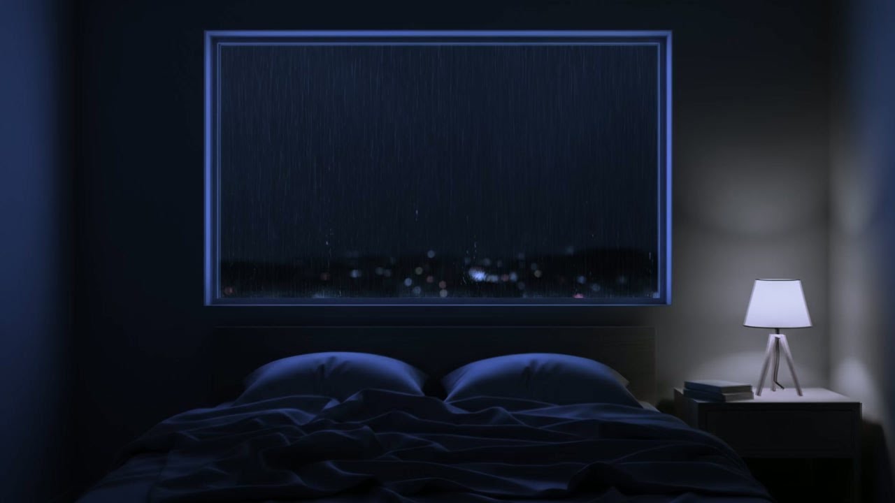 Rain Sounds for Sleep (Dark Screen) 🌑 Heavy Rain on Window in Blue Bedroom