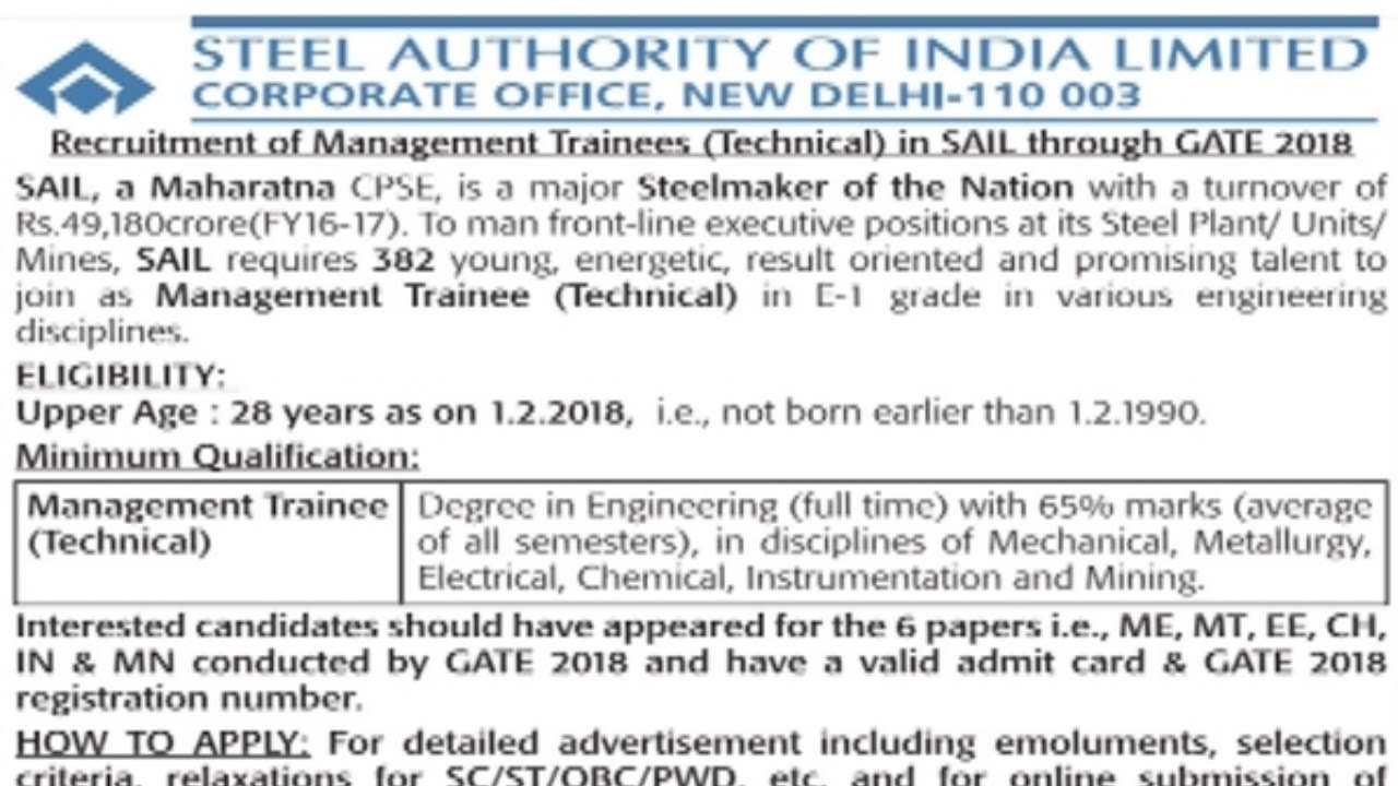 Steel Authority of India (SAIL) Recruitment 2018 | All over India Jobs | Sarkari Naukri