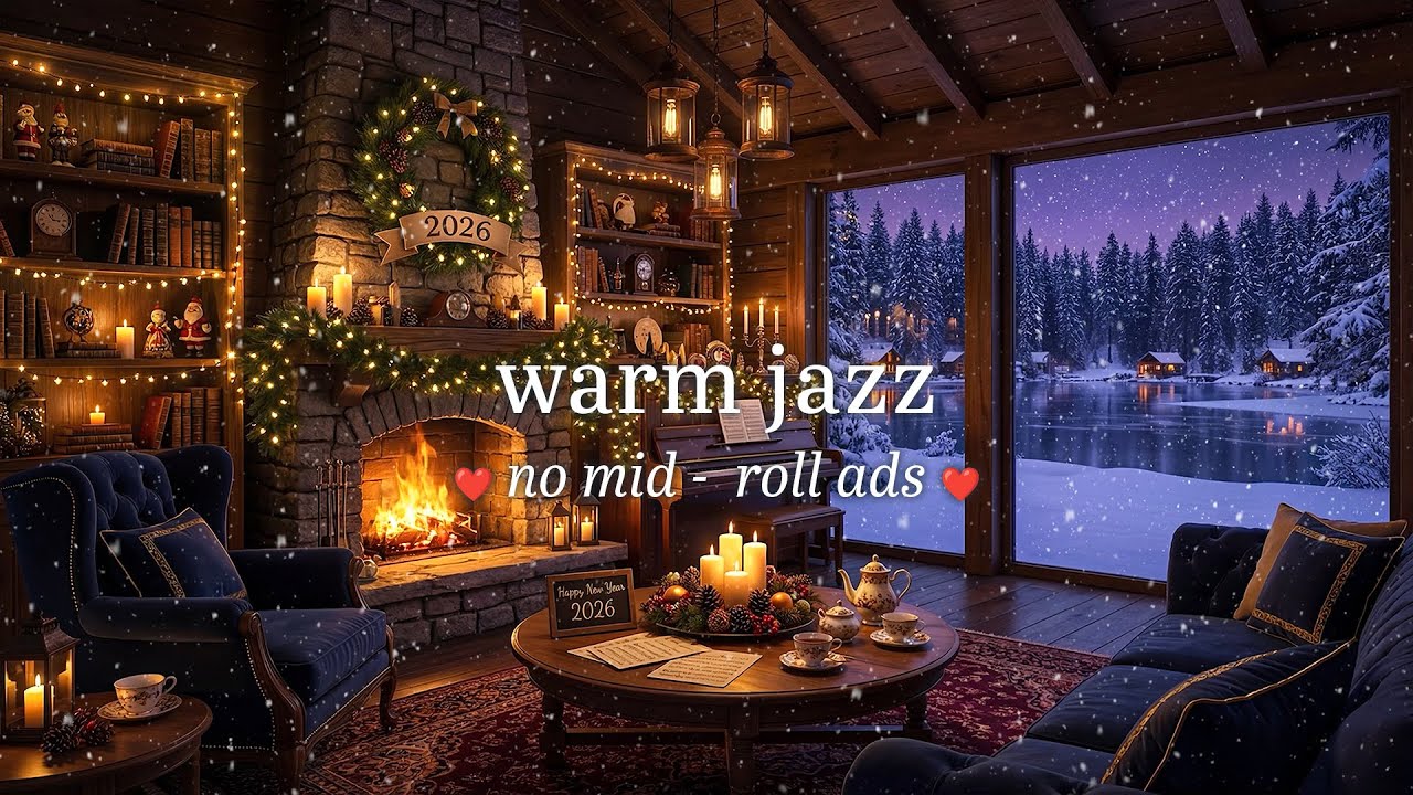 ☕ Warm Lodge Jazz (NO MID-ROLL ADS) Cozy Winter Porch & Fireplace Ambience 🔥