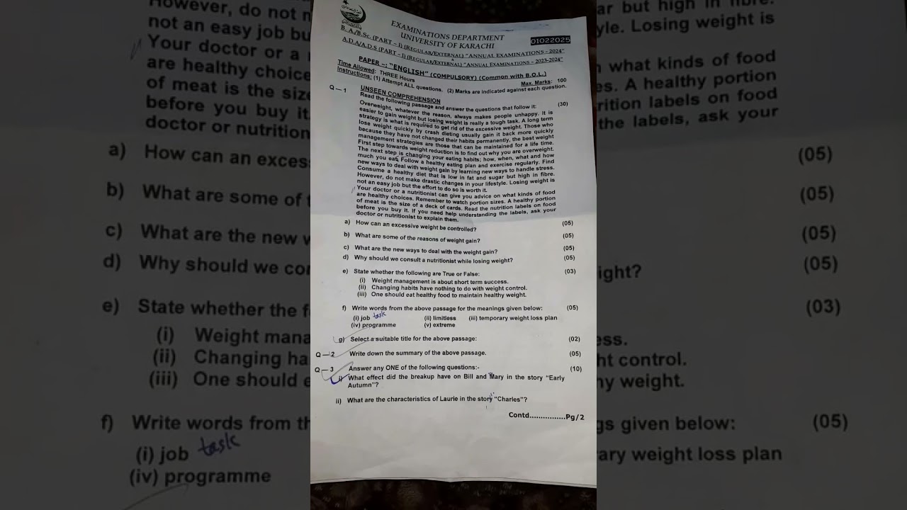 English B.a part 1 ADA English compulsory paper karachi university yeh paper 1 Feb 2025 m hua hai