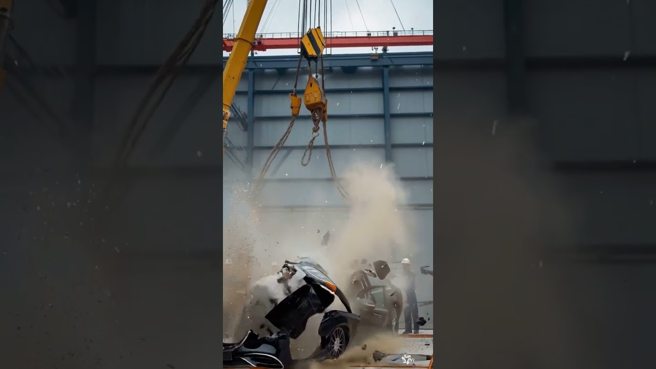 A towering crane swings a wrecking ball high above a luxury black Mercedes parked on #car #rock