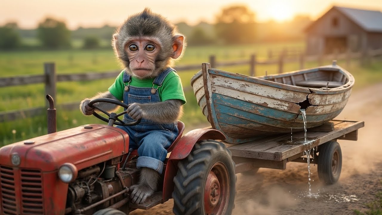 Baby Monkey’s Tiny Tractor Saves a Leaking Boat! 🐒🚜⛵
