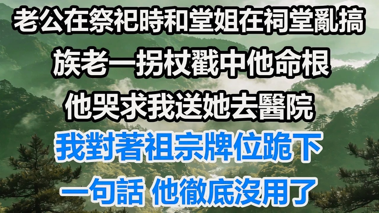 老公在祭祀時和堂姐在祠堂亂搞，族老一拐杖戳中他命根。他哭求我送她去醫院，我對著祖宗牌位跪下一句話，他徹底沒用了