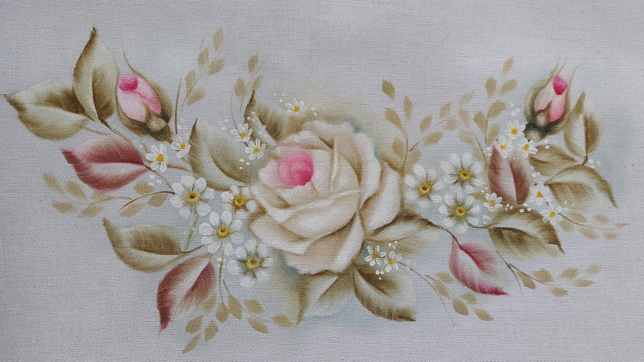 Pintura de Rosa, folhas e fundo no tecido