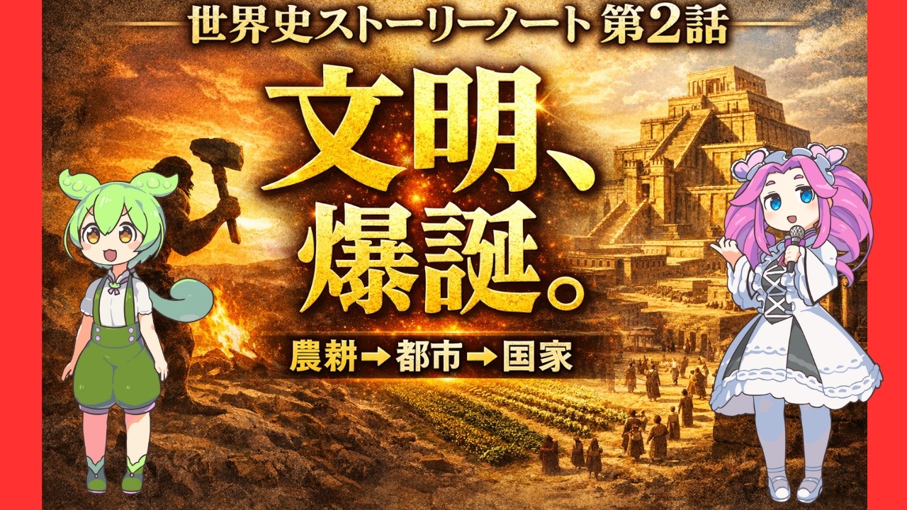 世界史ストーリーノート全200話 第2話｜文明の誕生 ― 農耕・牧畜・四大文明の始まりを一気に解説【ずんだもん＆四国めたん】