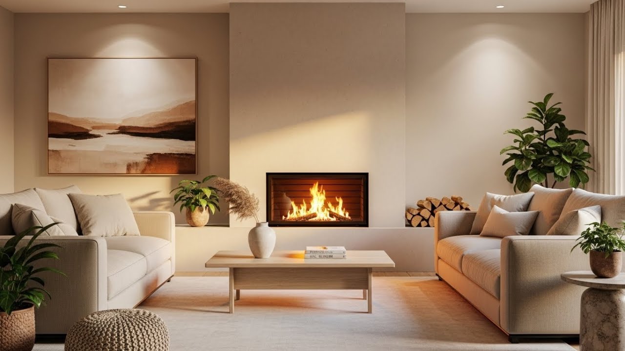 Cozy Aesthetic Living Room at Night 🔥 Fireplace & Soft Rain Ambience 4K