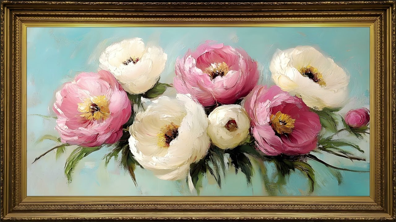 Peonies in Full Bloom, Vintage Impasto Oil Painting | Gold Framed TV Art Screensaver