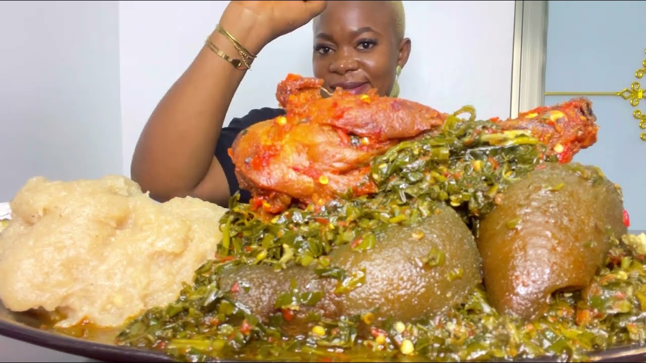 ASMR Spicy Vegetable Soup, Kpomo. Cow skin and Casava Fufu Mukbang