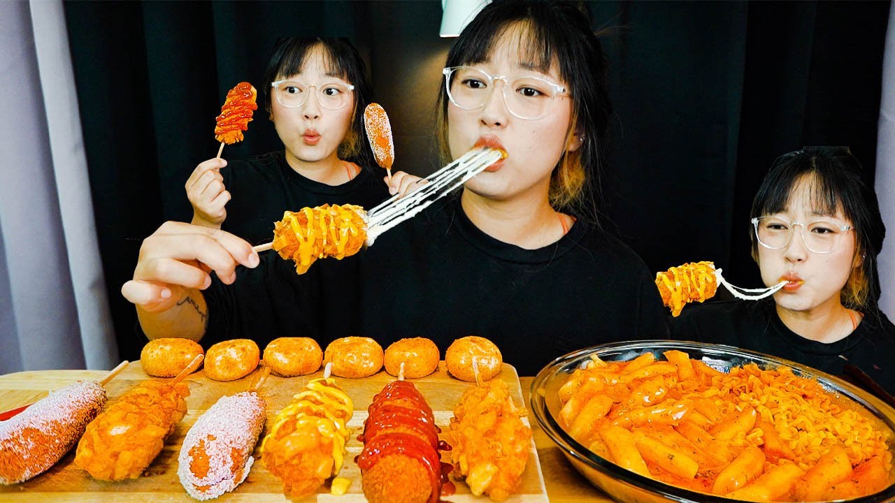 Mozzarella Cheese Corndogs ft.POTATO hotdog & Fire Carbonara rice cakes 치즈핫도그 먹방