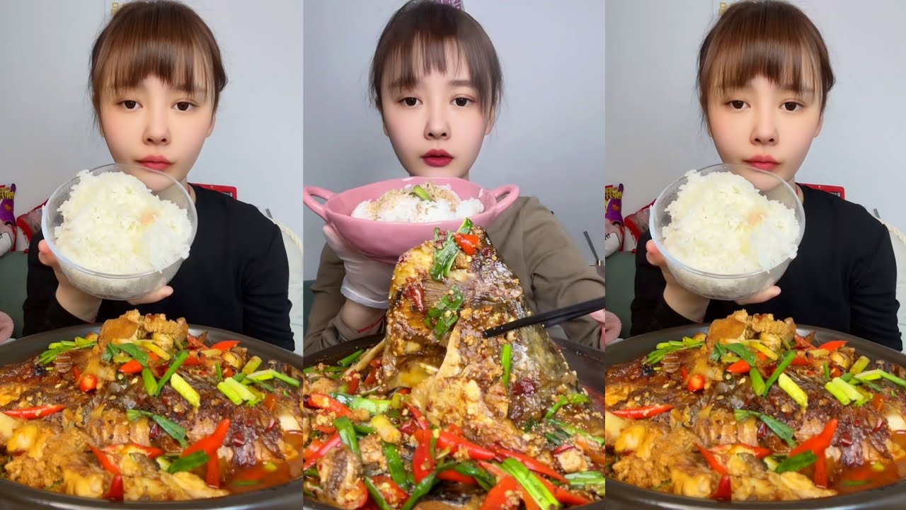 Chinese Food Mukbang: Enjoying Fish Head Curry with Rice and Spicy Seafood and ASMR Eating Fish