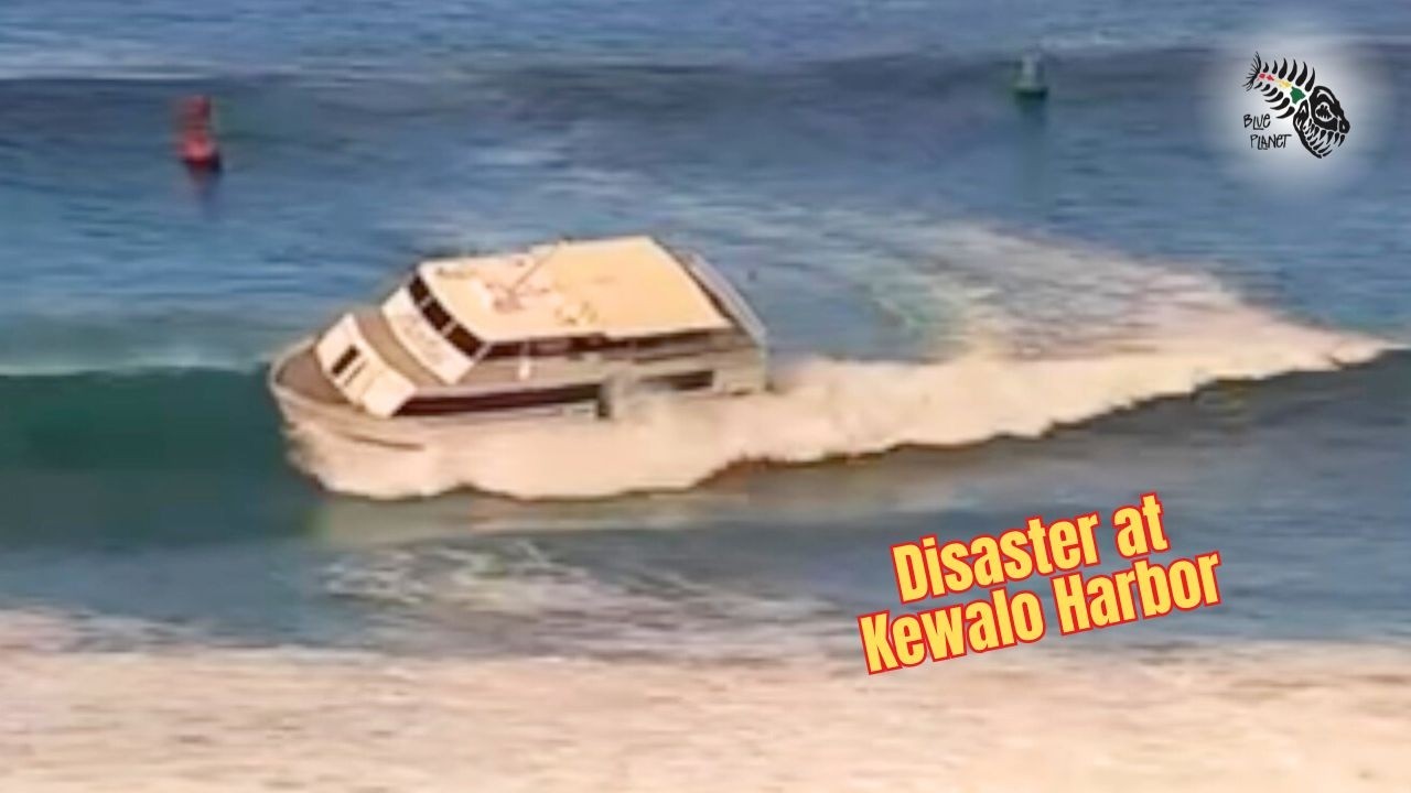 😵Tourist boat catches a wave, does a floater and gets stuck on the reef at Kewalos- 8/9/25